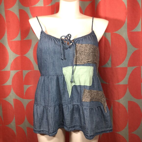 OOAK Upcycled Old Navy Denim Cami Tank Adjustable Straps Handmade Large Texts - Picture 1 of 9